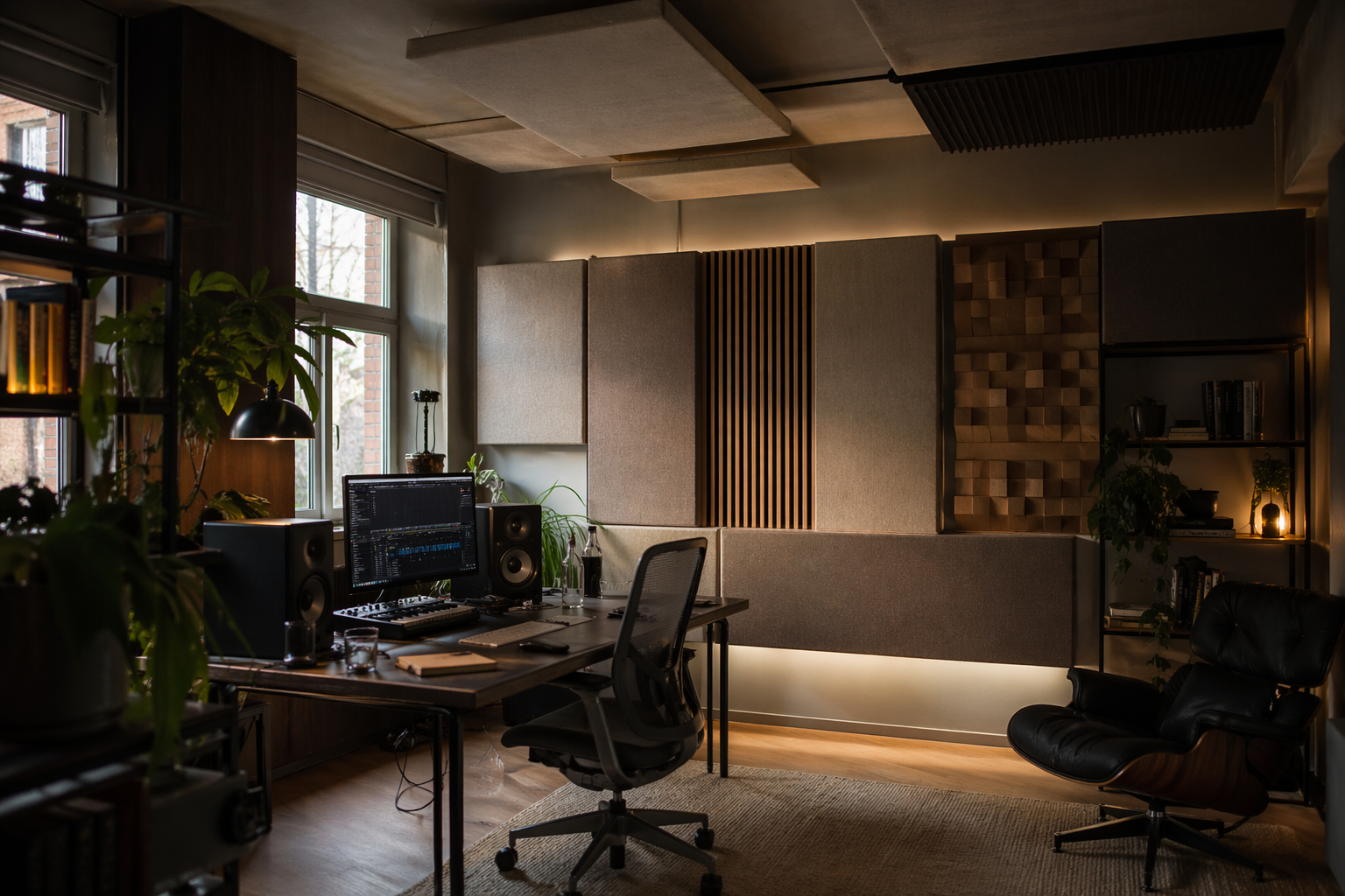 Studio Arbeitsplatz mit Akustikelementen, Akustikpaneelen, Deckensegeln und indirekter Beleuchtung